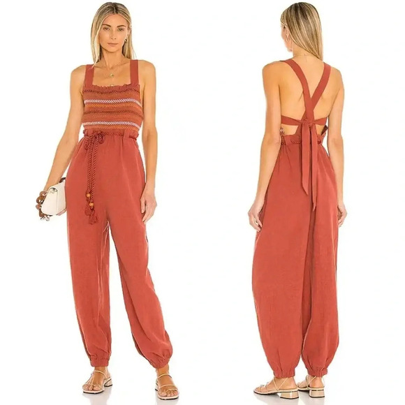 Free People Sienna Smocked Jumpsuit in Sumac